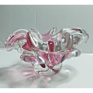 Chribska Hand Blown Art Glass Bowl Murano Style Cranberry/Clear 6.5" x 6/5"
